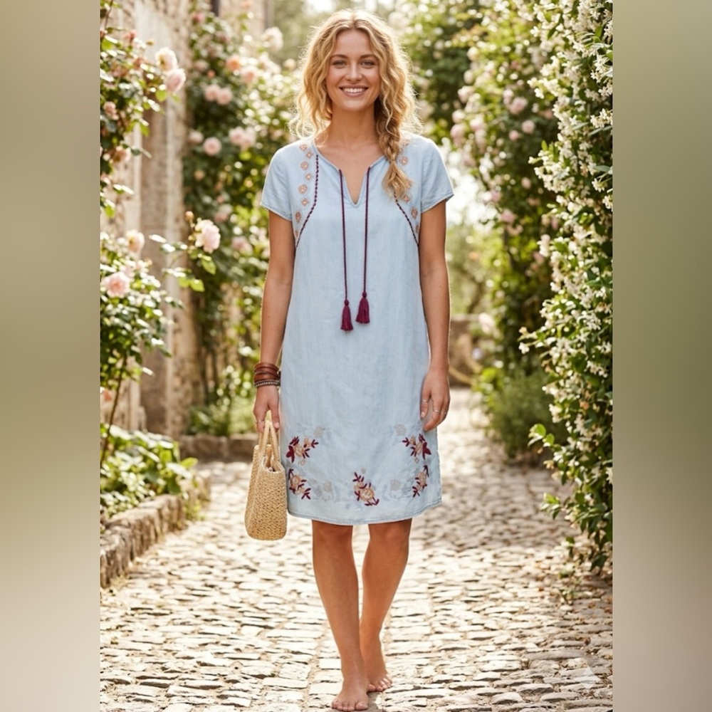 Down East Light Blue Embroidered Tassel Shift Dress